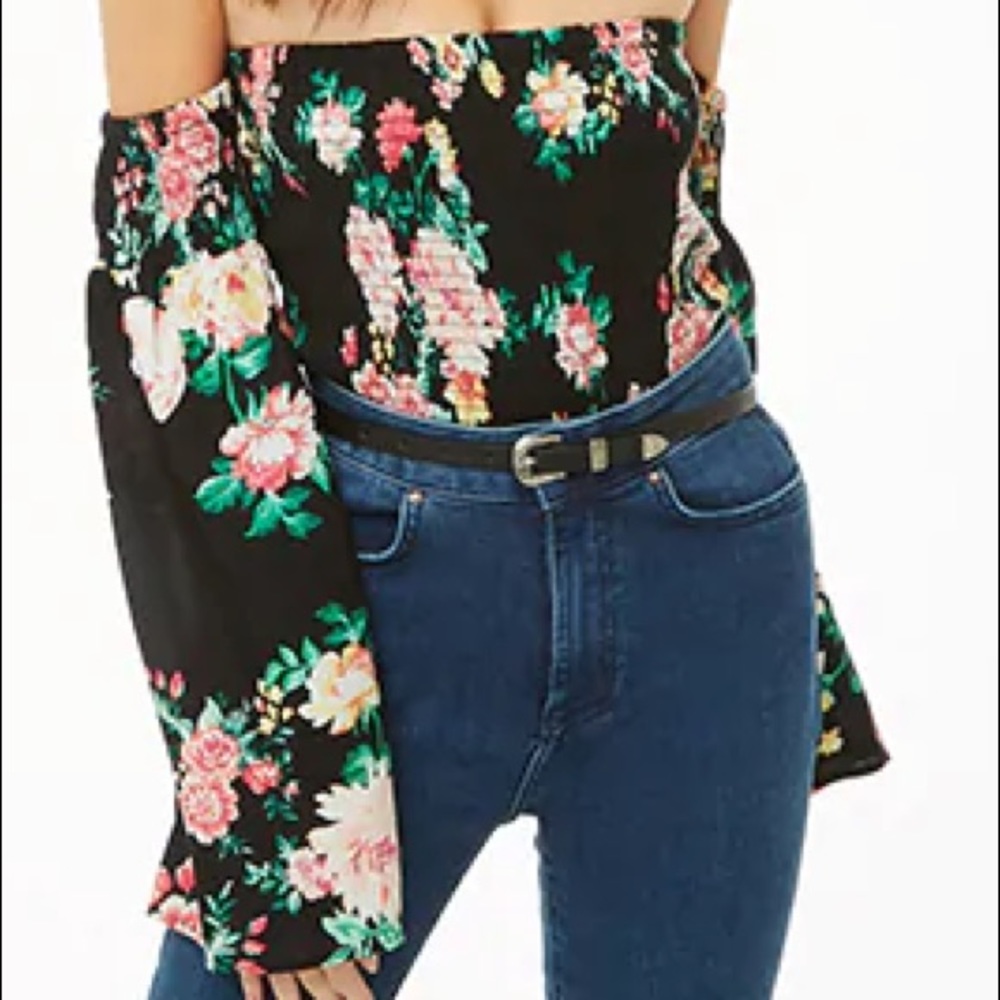 Smocked floral off the shoulder crop top